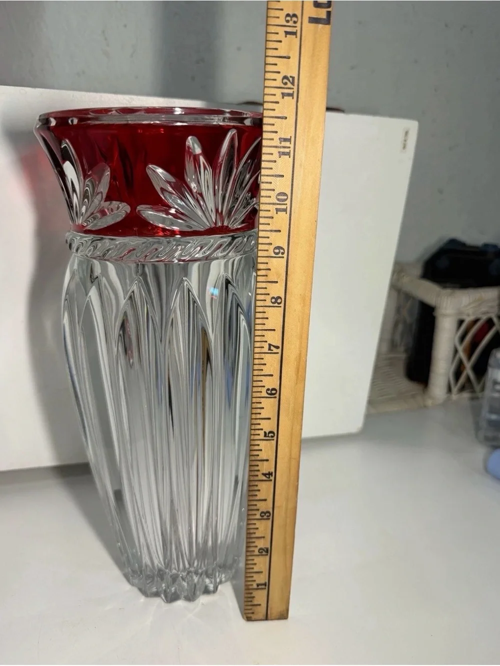 Clear Cut Crystal Vase with Red Rim Accent
